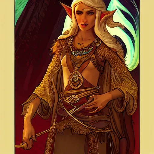 Image similar to Emeth the elven desert bandit. Arabian style. Epic portrait by james gurney and Alfonso mucha (lotr, witcher 3, dnd, dragon age, gladiator, scoia'tael).