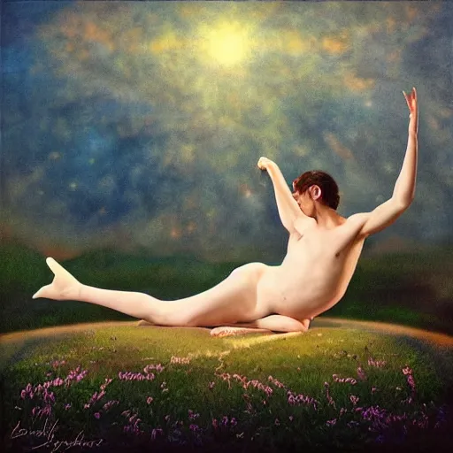 Image similar to debussy's afternoon of a faun, contemporary dance, fantasy sky, symphony album cover by artgerm and ruth deckard