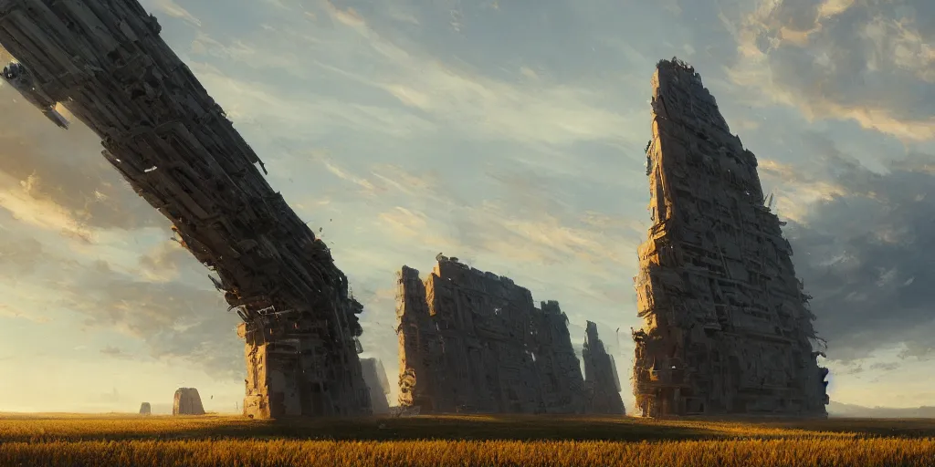 Image similar to wide shot of a tall and thin monolithic structure hovering in the air high above a cornfield, late afternoon, golden hour, highly detailed, smooth, sharp focus, concept art by greg rutkowski and ruan jia