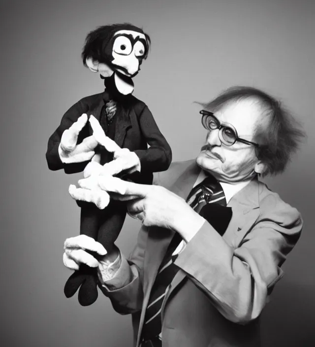 Image similar to hyper realistic old 1 9 8 0 photography of lunatic mad ventriloquist old man with terrific haunted puppet