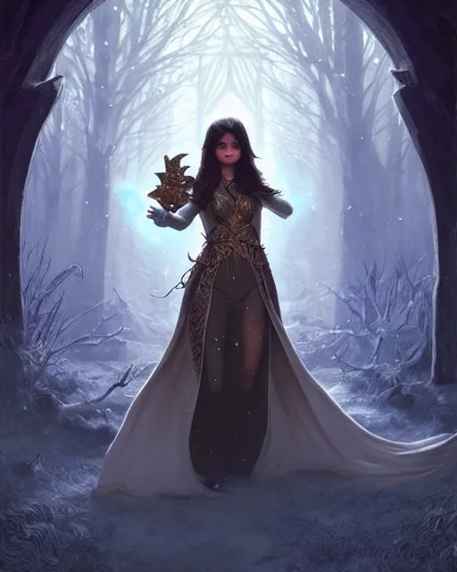 Image similar to Selena Gomez casting an frost spell, D&D, fantasy, intricate, elegant, highly detailed, digital painting, artstation, concept art, matte, sharp focus, illustration, hearthstone, art by Artgerm and Greg Rutkowski and Alphonse Mucha