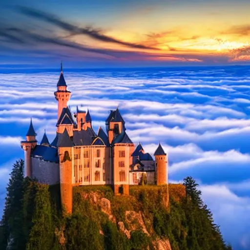 Prompt: a magical castle on the clouds, sunset, epic