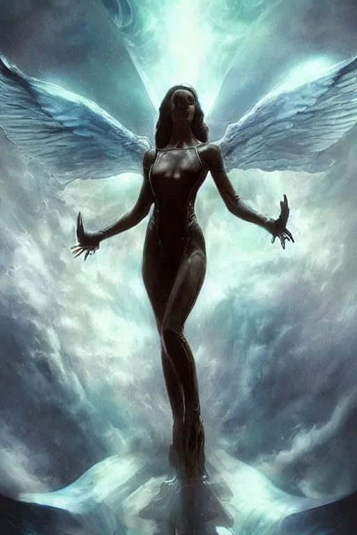 Image similar to Epic cinematic portrait of a very beautiful Seraphim female wearing an Abstract tech bodysuit, horror, volumetric clouds, focus, detailed, realistic eyes, symmetric body features proportions, intricate details, award winning, unreal render, by Boris Vallejo