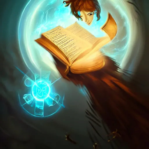 Prompt: A mage reading a spell book, as he reads the words runes float in the air. Magic, blue lighting, flux. High fantasy, digital painting, HD, 4k, detailed.