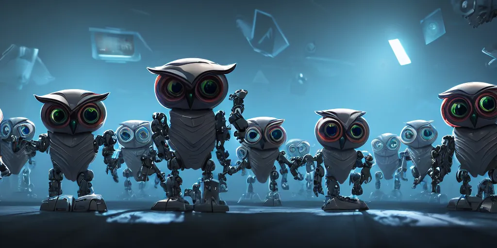 Image similar to an army of evil, malevolent, robot mechincal owls surrounded by computers and computer screens. this 4 k hd image is trending on artstation, featured on behance, well - rendered, extra crisp, features intricate detail and the style of unreal engine. volumetric lighting