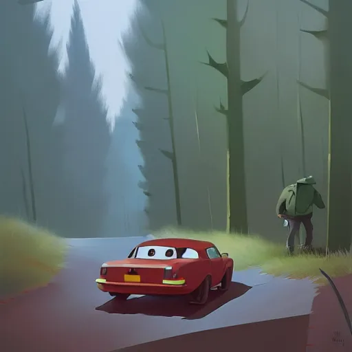 Image similar to goro fujita ilustration hikers parking the car in the forest, painting by goro fujita, sharp focus, highly detailed, artstation