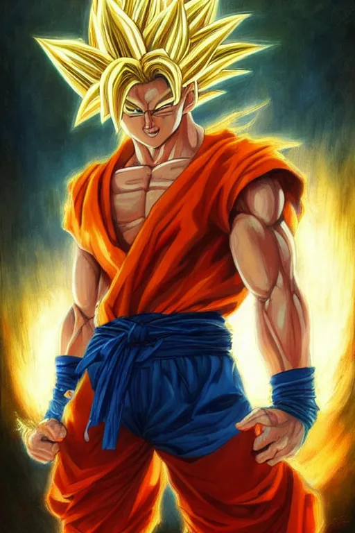 Image similar to portrait of simu liu as super saiyan goku. art by gaston bussiere.