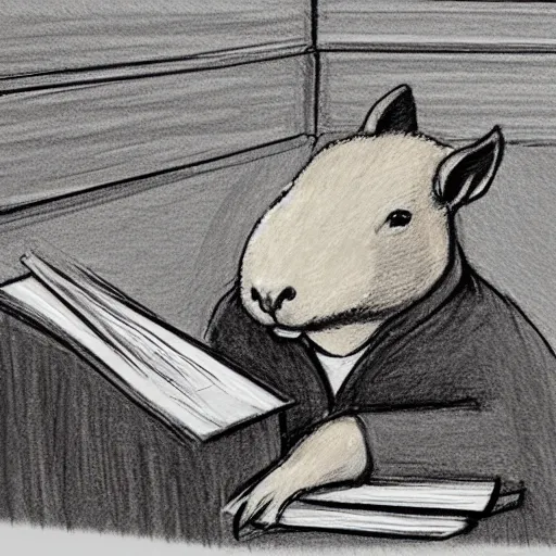 Image similar to court sketch of a capybara defending a parking ticket in a court room