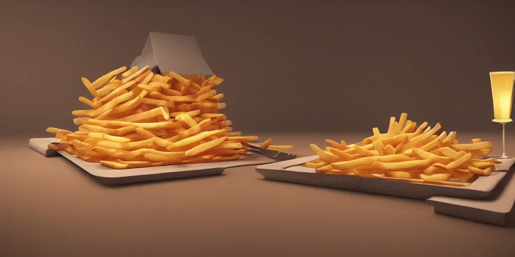 Image similar to house made of french fries, artstation trending, winner, 1 st place, octane render, 8 k, dramatic lighting, tasty, food photography, food decoration, highend, illustration!!!!, fine details,