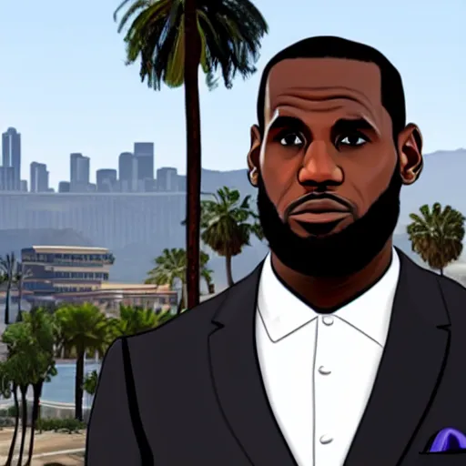 Image similar to Lebron James wearing a suit in GTA V . Los Santos in background, palm trees. in the art style of Stephen Bliss