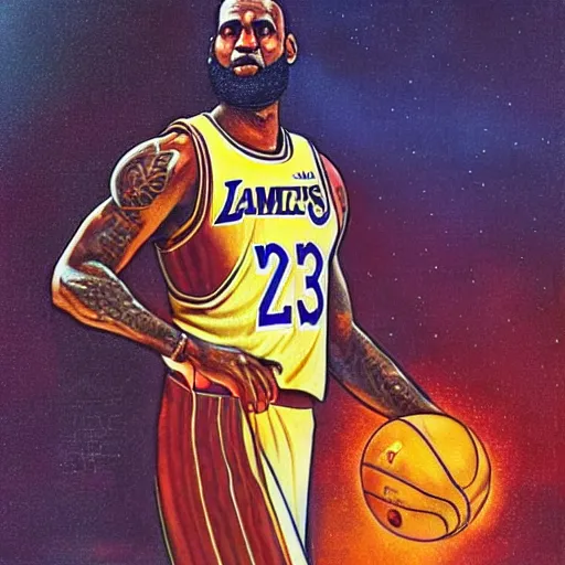 Prompt: lebron james in the style of a 7 0 s science fiction novel cover, highly detailed, bruce pennington, peter jones