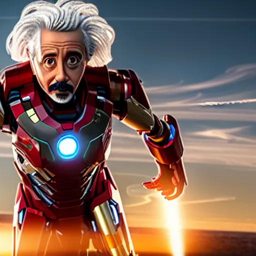 Image similar to albert einstein as tony stark in ironman, cinematic lighting, dramatic, octane render, long lens, shallow depth of field, bokeh, anamorphic lens flare, 8 k, hyper detailed, 3 5 mm film grain