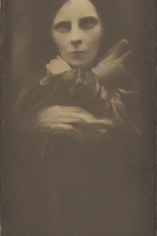 Image similar to daguerreotype photo of an scary but stunning victorian woman, realistic, no blue, detailed, up light, atmospheric, moody, dynamic lighting, cinematic