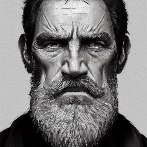 Image similar to portrait of a man by Greg Rutkowski, an old Jedi, short hair in military style, beard, wise and cool appearance, gray and black robes, Star Wars Expanded Universe, he is about 60 years old, highly detailed portrait, digital painting, artstation, concept art, smooth, sharp foccus ilustration, Artstation HQ