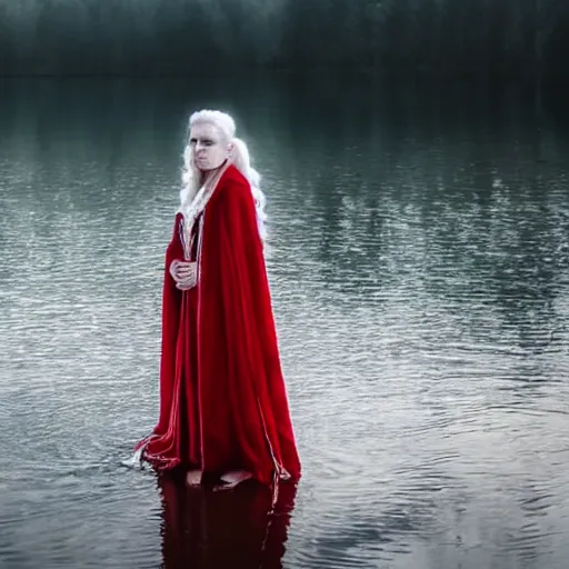 Prompt: beautiful lady with white long hair and dressed with a red victorian cloak, standing in a lake, mist, morning light, dreamy atmosphere, cinematic