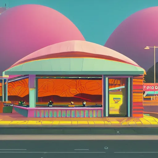 Prompt: psychedelic fast food restaurant near the beach by simon stalenhag