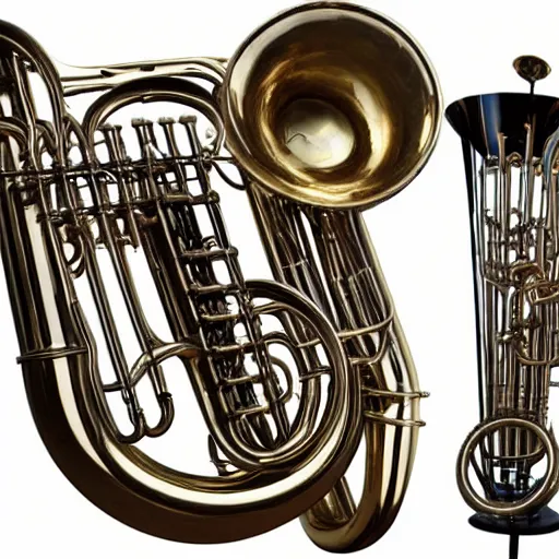 Image similar to weird cursed hybrid musical instruments made of metal string instruments tubas piano drum thing