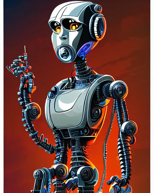 Image similar to robot, character portrait, portrait, close up, concept art, intricate details, highly detailed, sci - fi poster, cyberpunk, in the style of looney tunes by warner bros