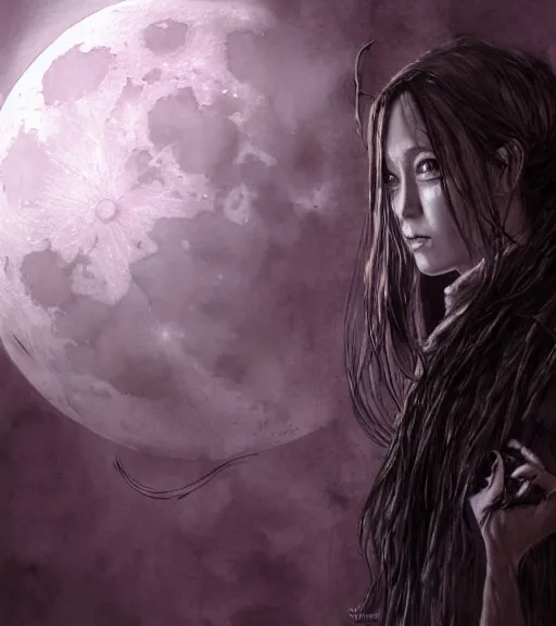 Image similar to portrait, female dark Witch in front of the full big moon, watercolor, dramatic lighting, cinematic, establishing shot, extremely high detail, foto realistic, cinematic lighting, pen and ink, intricate line drawings, by Yoshitaka Amano, Ruan Jia, Kentaro Miura, Artgerm, post processed, concept art, artstation, matte painting, style by eddie mendoza, raphael lacoste, alex ross