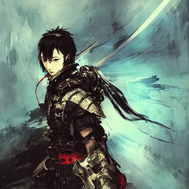 Image similar to lone samurai in cyan armor, art by yoshikita amano, ruan jia, yoji shinkawa, trending on artstation, very very detailed, beautiful, amazing quality, breathtaking artwork