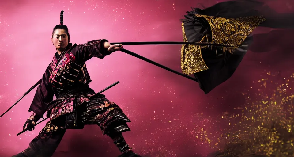 Image similar to a beautiful photo of a samurai warrior in a dynamic pose, black and pink and gold colors, high detail, glimmering samurai sword in 3d perspective deep rich colors, iridescent radiance, epic scale ultrawide angle, stunning, epic, great migration, cinematic, Artstation trending, octane render, hyperrealistic, Cryengine 8k UHD