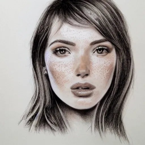 Image similar to beautiful young woman face with very light freckles on cheeks artist sketch closeup