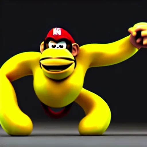 Image similar to Donkey Kong slipping on a banana, 3D render