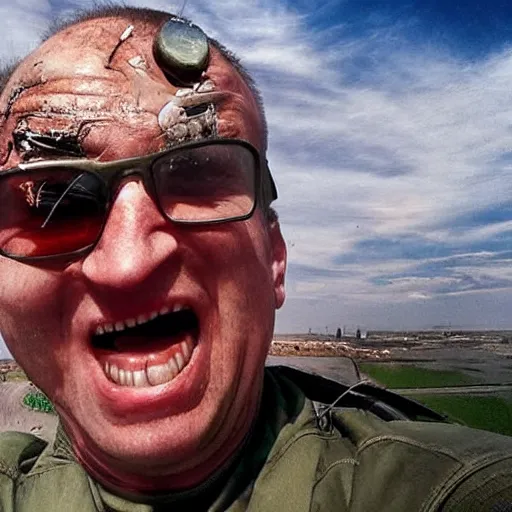 Prompt: last selfie of last alive of frightened funny ukrainian is trying to escape, badly injured from radiation from a huge nuclear explosion, a nuclear missile flies right at him
