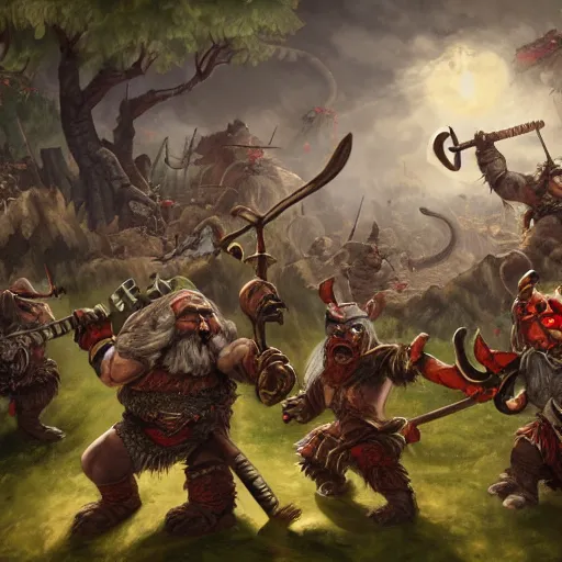 Prompt: a detailed fantasy painting of a berserker dwarf swinging axes fighting scaven rats from vermintide 2 videogame, warhammer, artstation, 8,