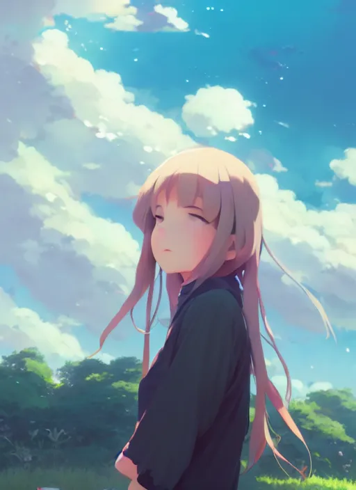 Image similar to portrait of cartoon girl, cloudy sky background lush landscape illustration concept art anime key visual trending pixiv fanbox by wlop and greg rutkowski and makoto shinkai and studio ghibli