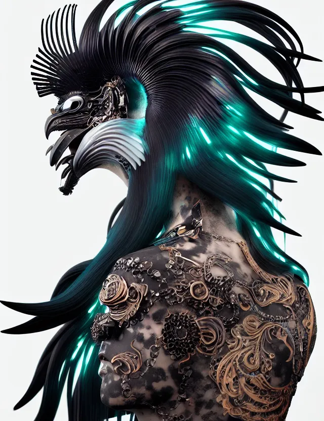 Image similar to 3 d goddess close - up profile portrait punk with mohawk with ram skull. beautiful intricately detailed japanese crow kitsune mask and clasical japanese kimono. betta fish, jellyfish phoenix, bio luminescent, plasma, ice, water, wind, creature, artwork by tooth wu and wlop and beeple and greg rutkowski