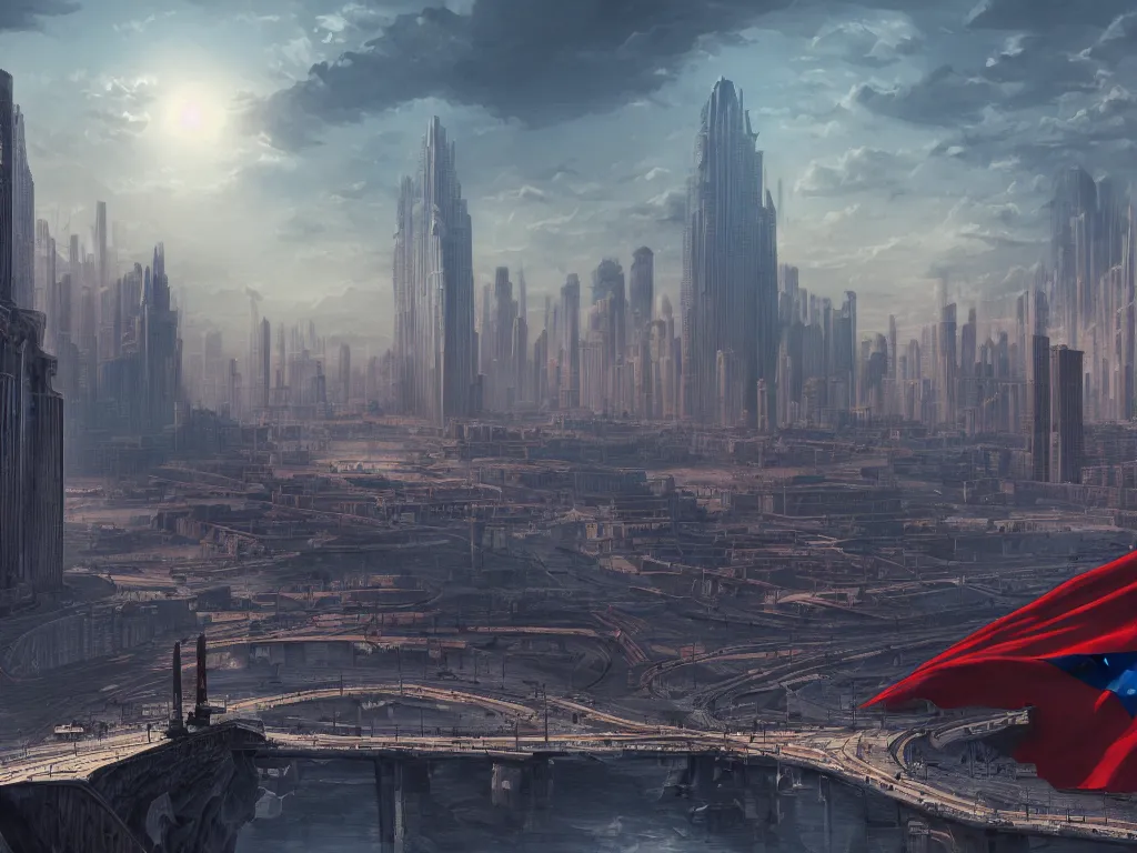 Image similar to landscape matte painting of a communist american state megastructure after the triumph of communism in america, socialist american state flag, socialist statues, digital painting, modern city scape, awe, bright future, hope, highly detailed, 4 k, artstation, photorealistic, architecture, america 2 0 9 8 by fan wennan