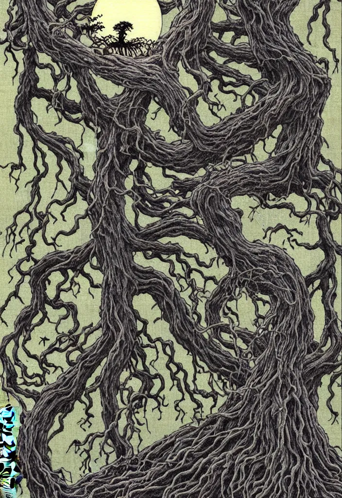 Image similar to prompt: magical white skeleton Bonsai tree squid creature roots merging into big moon drawn by Takato Yamamoto, bonsai skeleton, veins and organts attached to tree roots, alchemical objects inspired by 1980's sci-ci, intricate oil painting detail, manga 1980