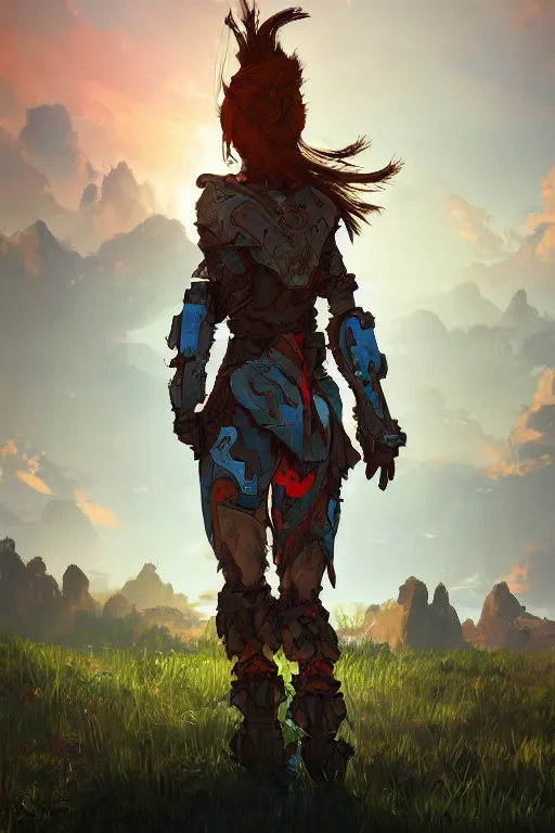 Image similar to combination suit armor aloy horizon forbidden west horizon zero dawn radiating a glowing aura global illumination ray tracing hdr fanart arstation by ian pesty and alena aenami artworks in 4 k tribal robot ninja mask helmet backpack