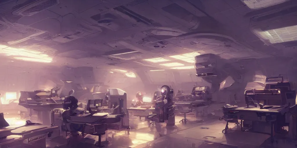 Image similar to nasa computer room, cinematic lighting, exaggerated detailed, unreal engine, art by greg rutkowski & peter mohrbacher