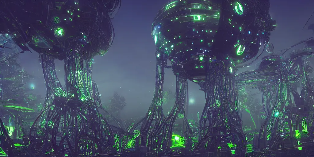 Image similar to giant glowing mechanical machine towering over alien forest, at night, ray tracing, refractive, award winning, trending on artstation, digital art. highly detailed 8 k. intricate. lifelike. soft light. nikon d 8 5 0.