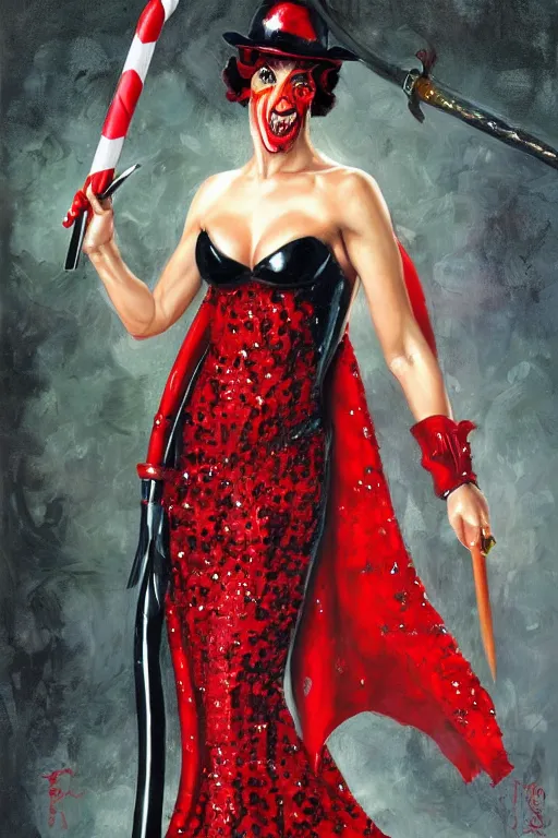 Image similar to Lord Licorice in a red and black sequins gown holding a peppermint sword, painting by Mark Brooks