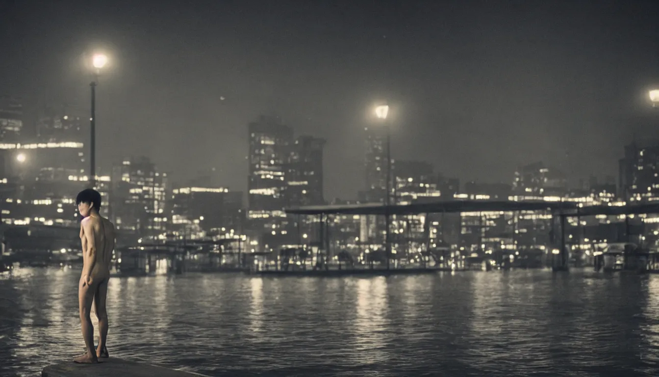 Image similar to 80s asian neon movie still with a lone man levitating over a pier by the river at night with city lights behind his back. Fallen angels movie still. hyperrealistic, photorealistic, high definition, medium format photography, highly detailed, tehnicolor, anamorphic 50mm lens