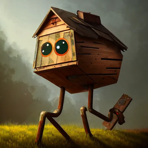 Prompt: a walking wood and metal house with two legs and two big eyes, rust, hyperrealistic, highly detailed, cinematic, single ray of sun, morning, pareidolia, gravity falls style, beautiful, cgssociety, artstation, 8 k, oil painting, digital art