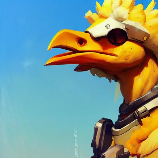 Image similar to greg manchess portrait painting of chocobo as overwatch character, medium shot, asymmetrical, profile picture, organic painting, sunny day, matte painting, bold shapes, hard edges, street art, trending on artstation, by huang guangjian and gil elvgren and sachin teng