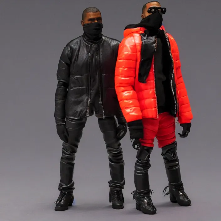 Prompt: a action figure figure of kanye west using a full face covering black mask, a small, tight, undersized reflective bright red round puffer jacket made of nylon, dark jeans pants and big black balenciaga rubber boots, figurine, detailed product photo