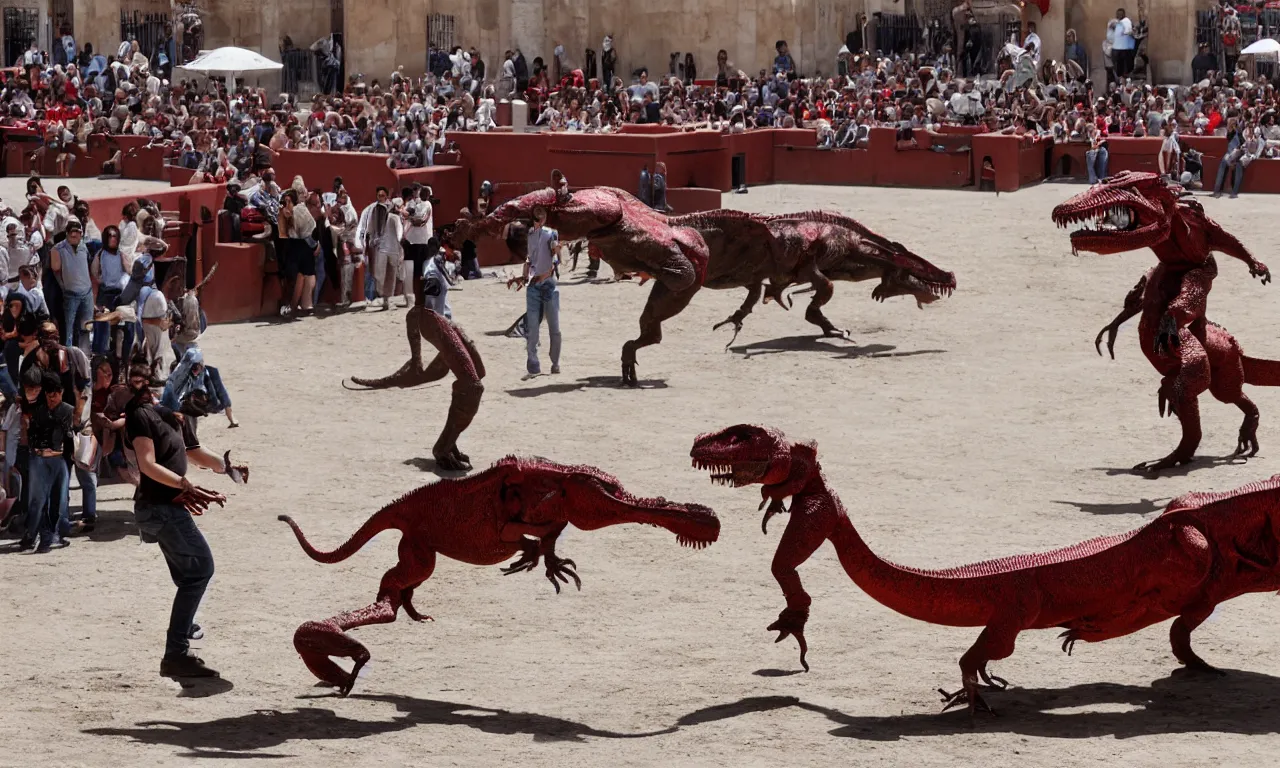 Prompt: a toreador facing off against a t - rex in the plaza de toros, madrid. extreme long shot, midday sun, kodachrome