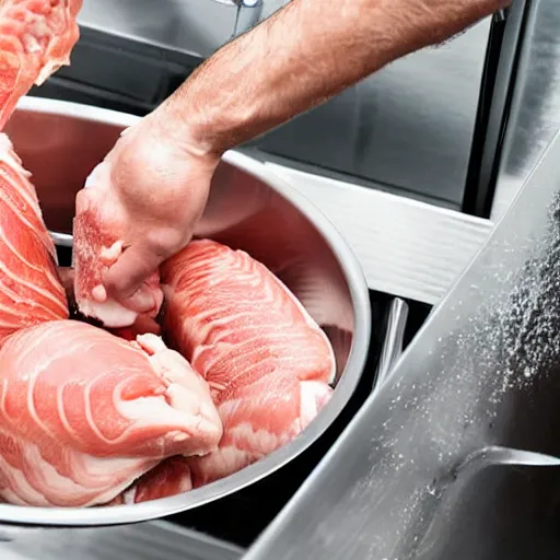 Prompt: man washing raw chicken in the sink