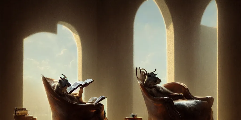Prompt: a cow sitting in a luxury chair reading a book, digital art, fantasy art, octane render, ureal engine, high detail, very realistic, by greg rutkowski. by james gurney