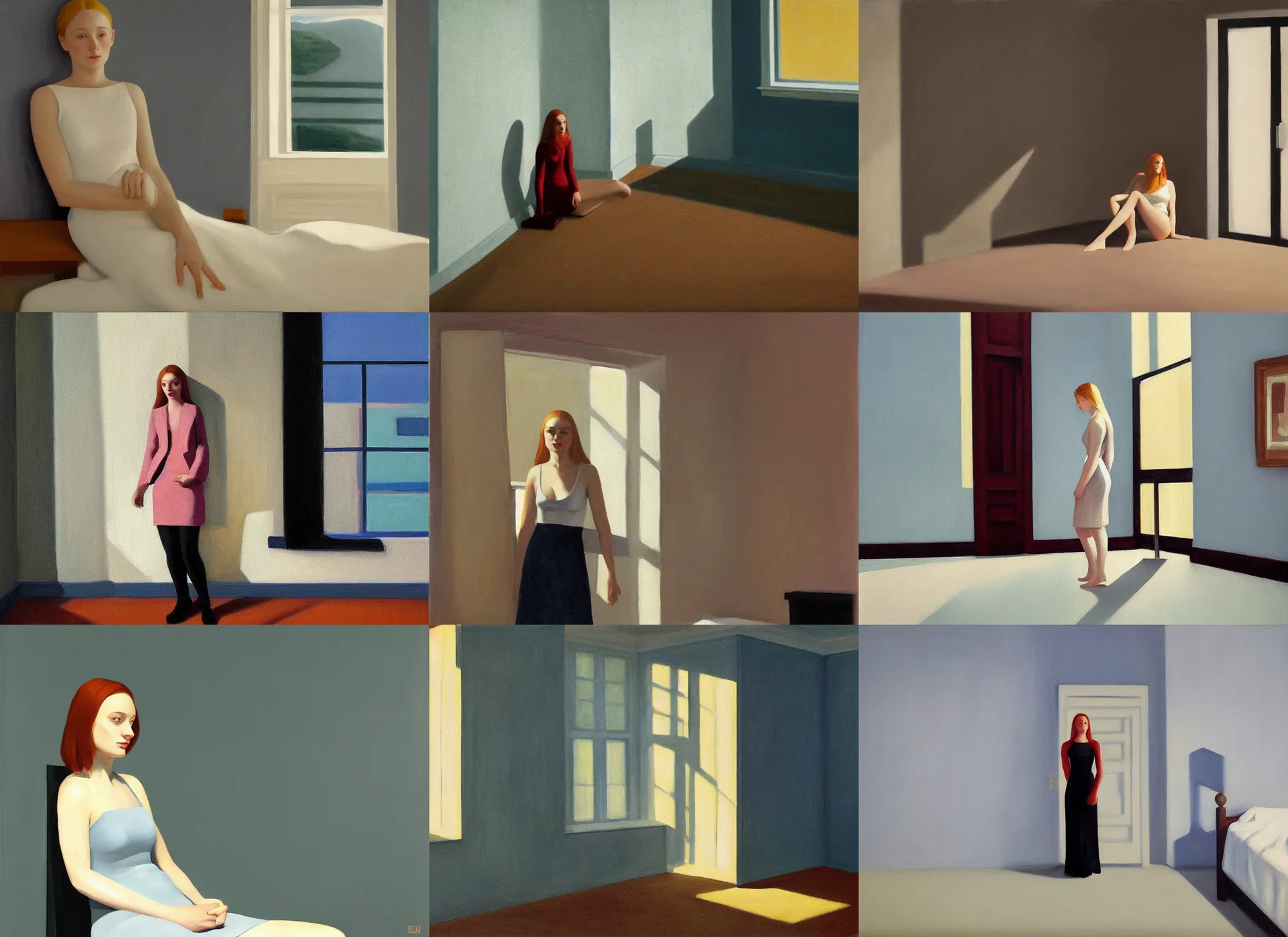 Prompt: minimalist sophie turner in empty room oil painting by edward hopper