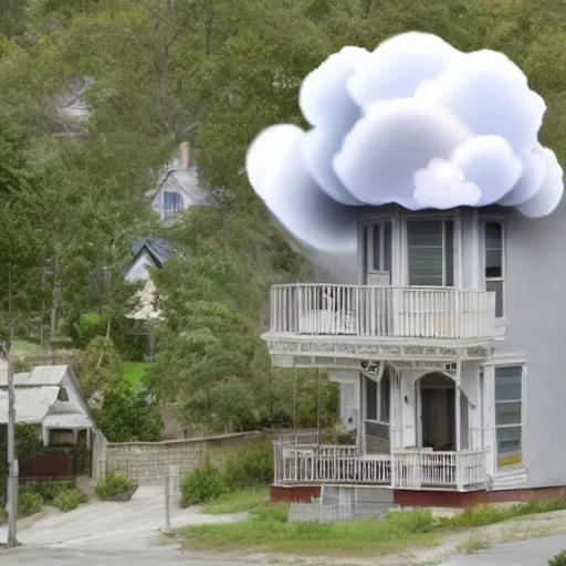 Image similar to a house made of clouds next to normal houses, house hunter