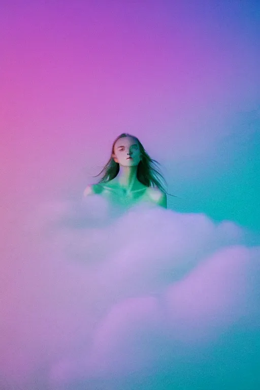 Image similar to high quality pastel coloured film close up wide angle photograph of a model wearing clothing swimming on cloud furniture in a icelandic black rock!! environment in a partially haze filled dreamstate world. three point light, rainbow. photographic production. art directed. pastel colours. volumetric clouds. pastel gradient overlay. waves glitch artefacts. extreme facial clarity. 8 k. filmic.