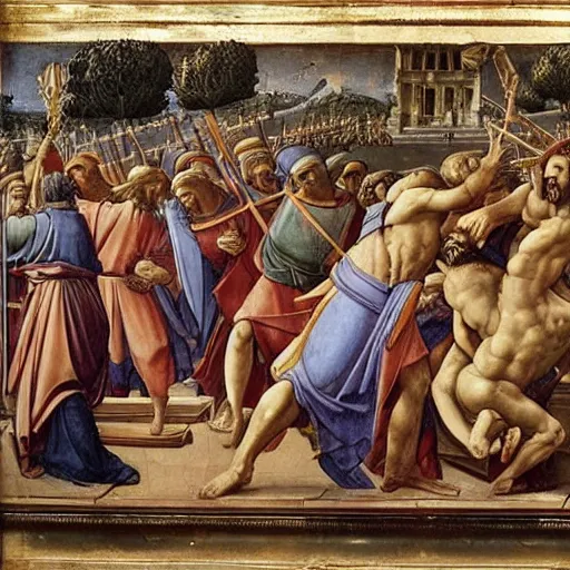 Image similar to painting of jesus christ attacking the money changers outside the temple, donatello, giotto, leon battista alberti, cimabue, filippo brunelleschi, fra angelico, lorenzo ghiberti, hildegard of bingen, giotto di bondone