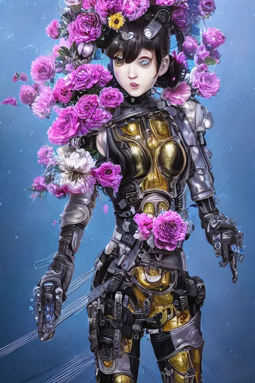 Image similar to full body head to toe portrait of a flowerpunk sci-fi cyborg ninja, third person, D&D, sci-fi fantasy, intricate, blue and gold, daisy and rose and peony, highly detailed, art by Range Murata, highly detailed, 3d, octane render, bright colors, digital painting, trending on artstation, sharp focus, illustration style of Stanley Artgerm, dramatic background