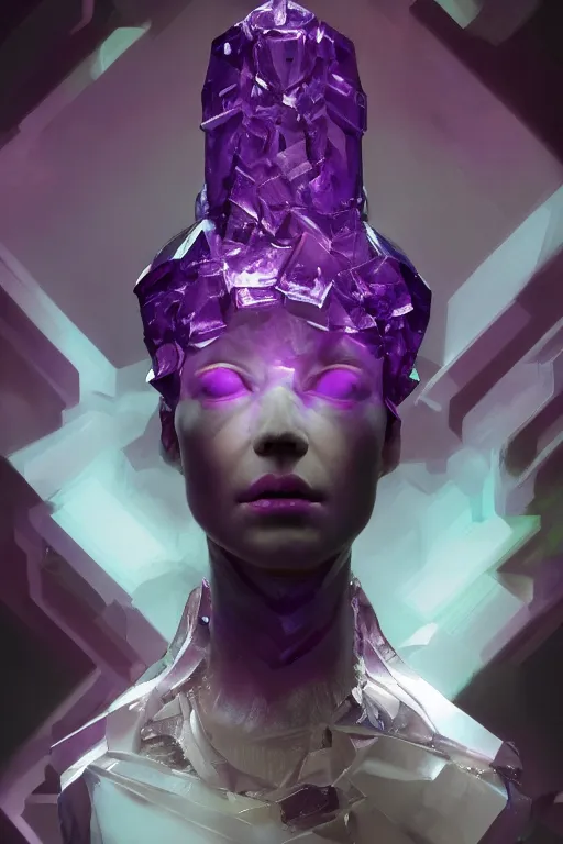 Image similar to A fancy portrait of a purple crystal statue by Greg Rutkowski, beeple, Sung Choi, Mitchell Mohrhauser, Maciej Kuciara, Johnson Ting, Maxim Verehin, Peter Konig, final fantasy, macro lens , 8k photorealistic, cinematic lighting, HD, high details, dramatic, dark atmosphere, trending on artstation